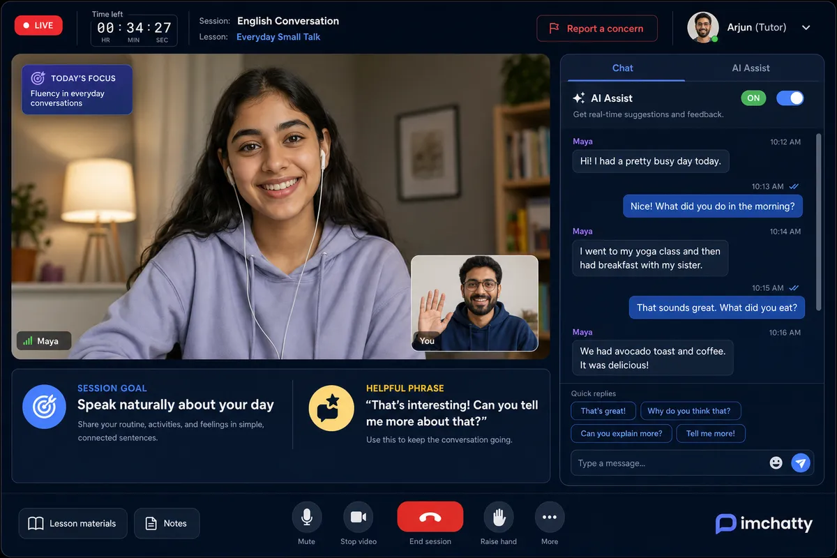 A live tutoring session in ImChatty, showing video chat, session goal, and AI-assisted suggestions